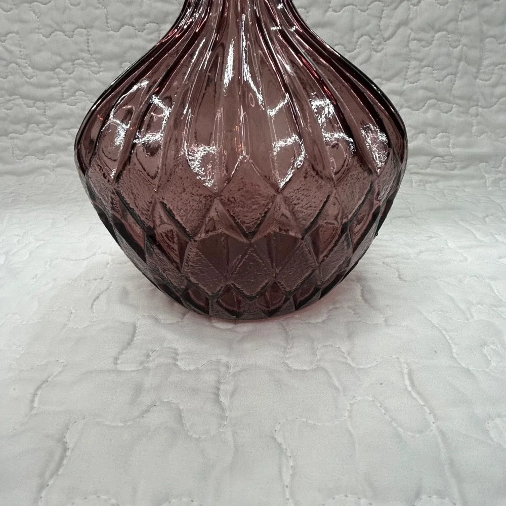 Vintage Italian Amethyst Purple Plum Art Glass Decanter Vase Ribbed Diamond 10